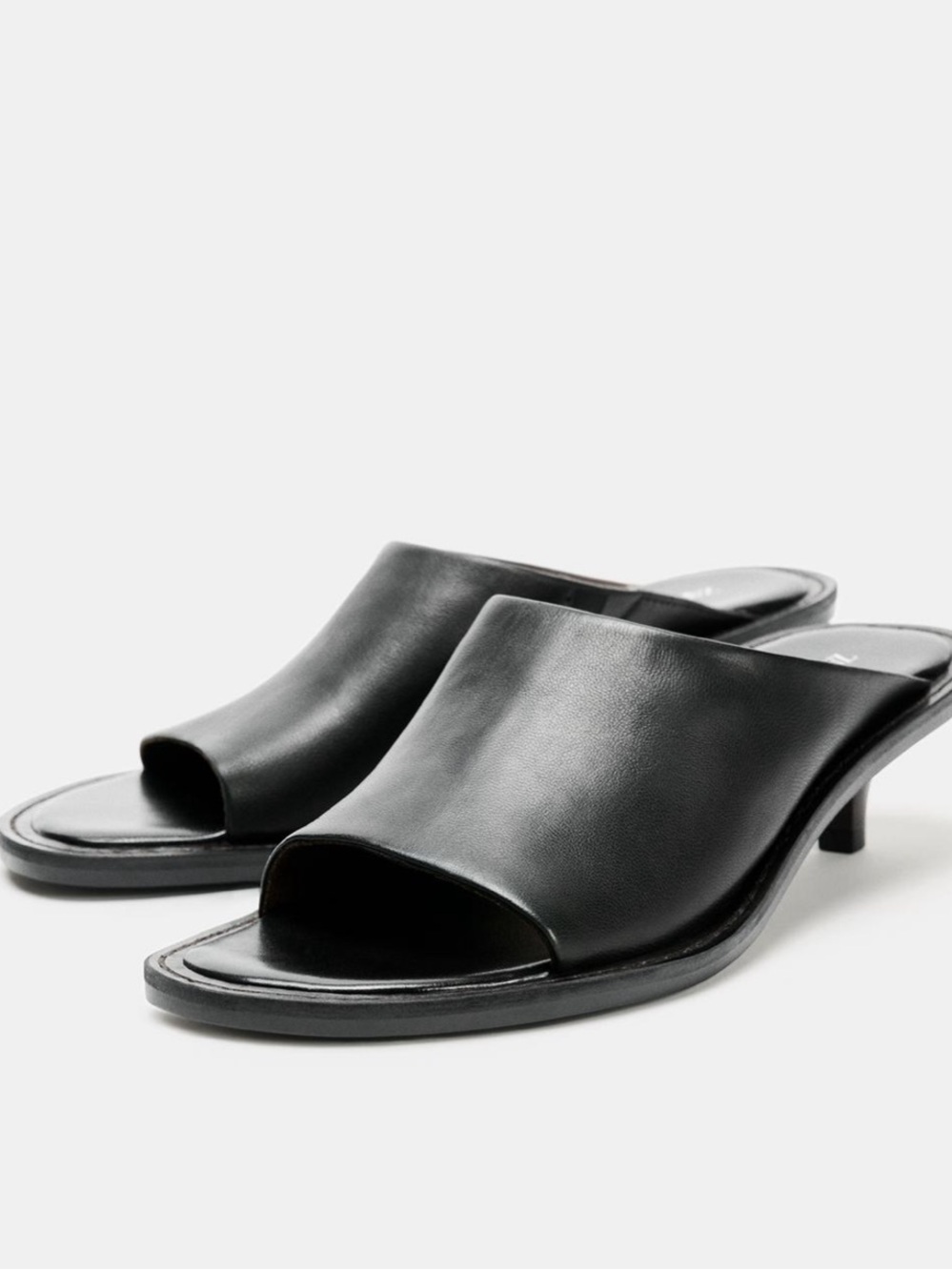 Zara Black Leather Open-Toe Slip-On Mules